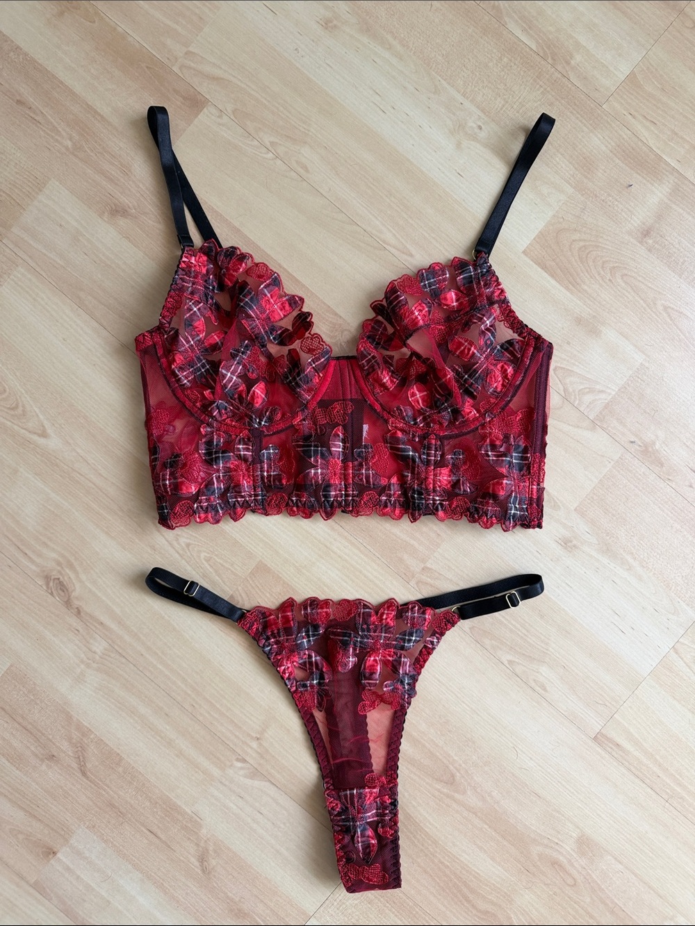 Red Plaid Flower Lace Bralette & Thong Set